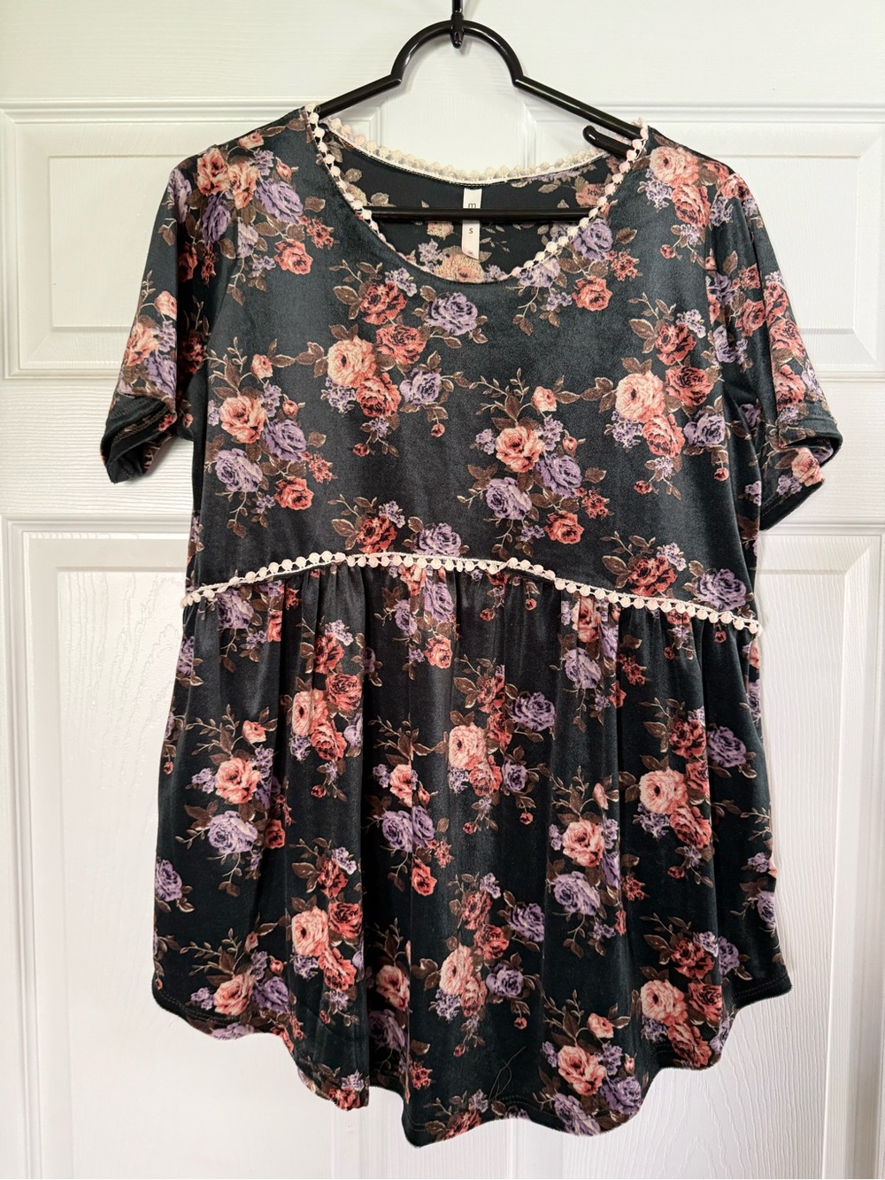 mts Deep Green/Black Floral Short Sleeve Peplum Tunic with Pom Pom Trim